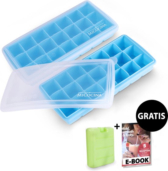 MiCocina Ijsblokjesvorm met Deksel | 2-delige Set | 21 Ijsblokjes | Stapelbare Silicone ijsblokjesmaker voor gekoelde drankjes, whisky, cocktails en babyvoeding, BFA vrij en herbruikbaar | Met koelelement en E-book | Blauw