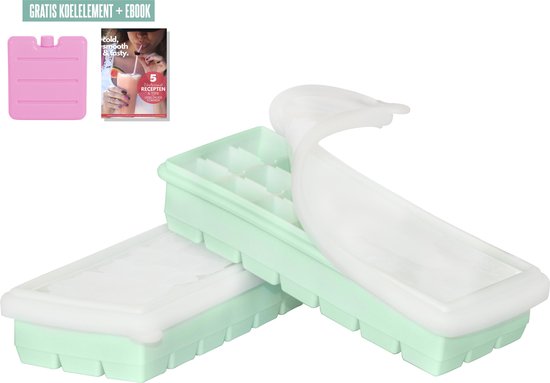 MiCocina Ijsblokjesvorm met Deksel - 2-delige Set - Siliconen ijsvormpjes– 21 Ijsblokjes - Stapelbare ijsblokjesmaker voor gekoelde drankjes, whisky, cocktails en babyvoeding, BFA vrij en herbruikbaar – Met koelelement en E-book- Mint Groen