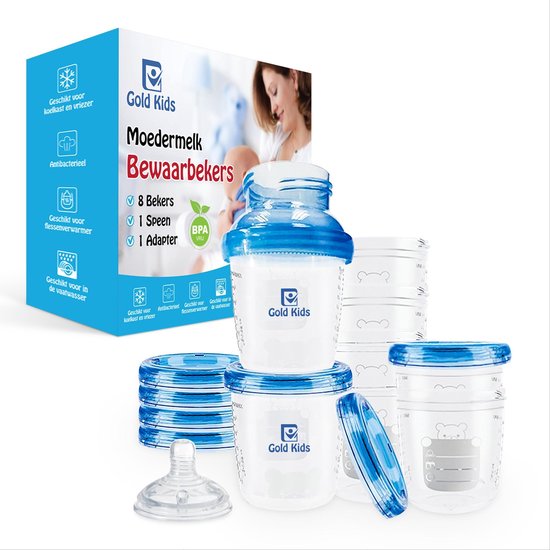 Gold Kids Moedermelk Bewaarbekers voor Babyvoeding – Compleet pakket inclusief adapter en speen - Bewaarbakjes