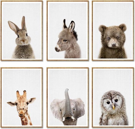 Baby Dieren Prints | Kinderkamer Decoratie | Kleine Dieren Foto's | Posters | 6 Stuks | A4 Formaat | Babykamer | Kinderposters | Wanddecoratie | Kinderkamer Decoratie Jongens | Kinderkamer Decoratie Meisjes