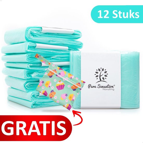 Pure Sensation Luieremmer Navulling - 12 stuks - Geschikt voor Korbell -  Inclusief Extra Luier Etui - Navullingen 15/16 liter - Luieremmer Zakken - Luieremmernavullingen - Luieremmers - Korbell Luieremmer – Luierzakjes Wegwerp - Korbell Navulling
