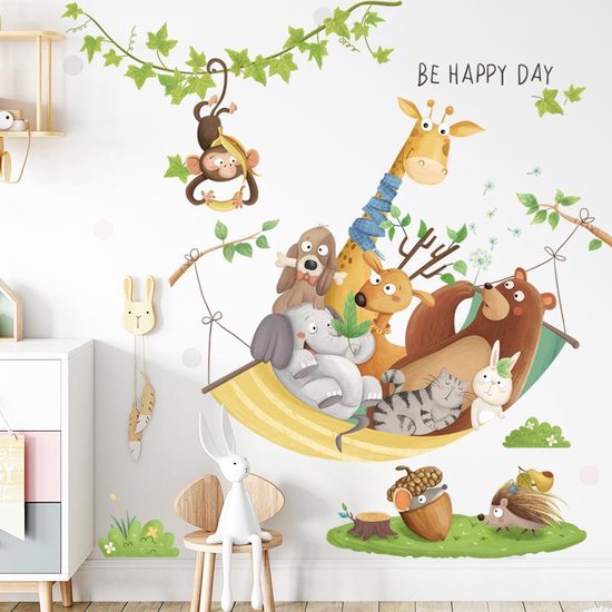 Muursticker | Vrolijke Dieren |Hangmat | Wanddecoratie | Muurdecoratie | Slaapkamer | Kinderkamer | Babykamer | Jongen | Meisje | Decoratie Sticker