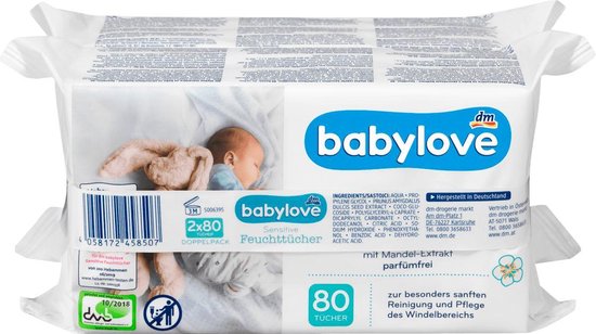 Babylove Baby Billendoekjes 2x80 stuks - 160 stuks billendoekjes - Parfumvrij - Parfumvrije billendoekjes