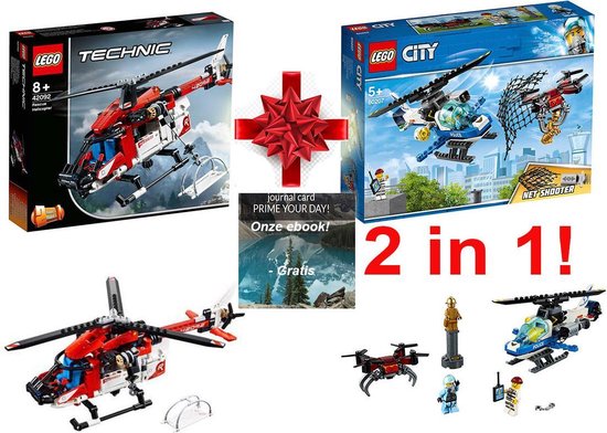 Lego Technic 42092 2in1 Reddingshelikopter 1X  + Lego City 60207 Luchtpolitie Drone-Achtervolging 1X - Passende Super * unieke combinatie -perfecte combinatie als kado ! Sinterklaas - Kerst - Verjaardagen etc. Uniek!