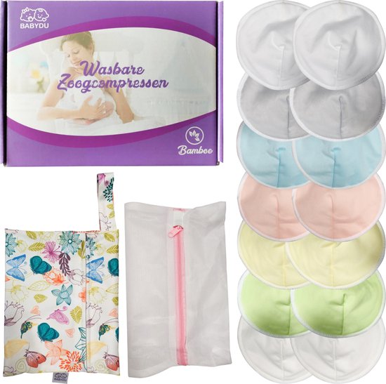 BabyDu® Wasbare Zoogcompressen - Uitwasbare zoogkompressen - Incl. Wasmachine zakje en Opbergzakje - Doorsnede 12cm - 14 stuks