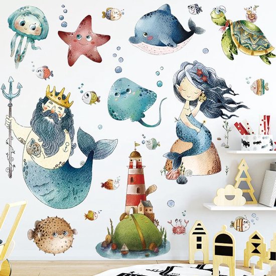Muursticker | Zeemeermin | Vuurtoren | Vissen | Wanddecoratie | Muurdecoratie | Slaapkamer | Kinderkamer | Babykamer | Jongen | Meisje | Decoratie Sticker
