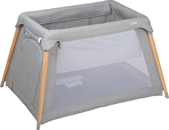 BabyGO Reisbed - Campingbed Groovy - Grijs met houten poten (incl. bodemverhoger)