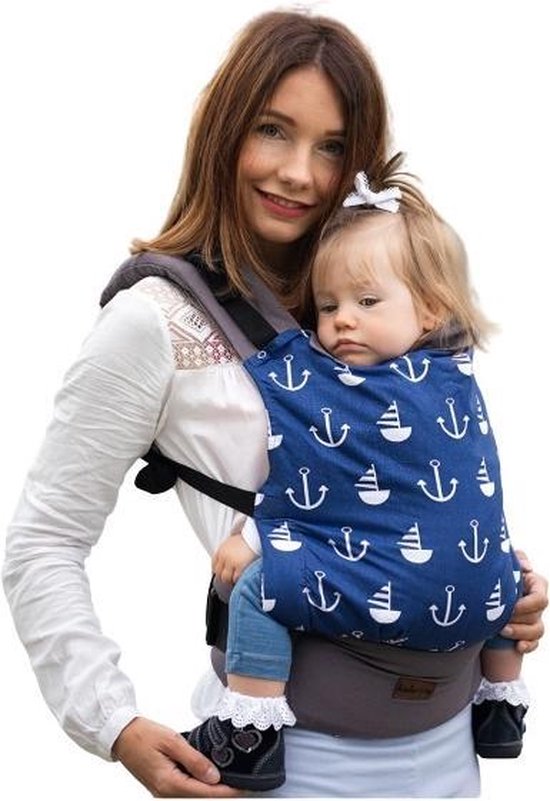 Kinder Hop Draagzak Basic Marine Katoen Blauw/wit/grijs Mt 74-98