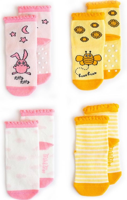 Milk&Moo Babysokken - 2x Antislip -  2x Normaal - 4 paar - 0-12 maanden - Kraamcadeau - Babysokjes New Born - Meisje