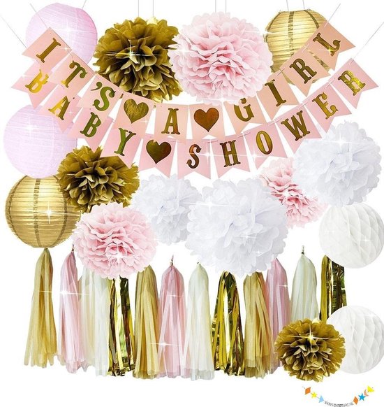 Babyversiering.nl - Babyshower meisje versiering - baby shower decoratie pakket roze - Kraamfeest decoratie roze met goud - Kraamfeest meisje - zwanger