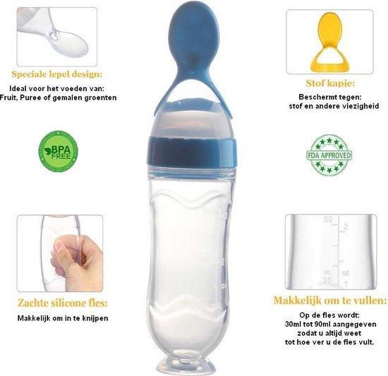 baby knijpfles - baby knijpfles met lepel - 90ml - blauw - feeding spoon - flesje met lepel - knijpfles - silicone - baby fles met zuignap