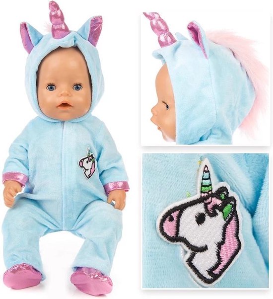 Poppenkleding meisjes - Geschikt voor oa Baby Born - Blauwe unicorn met schoentjes - Eenhoorn - Poppenkleertjes -GRATIS Unicorn armband