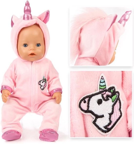Poppenkleding meisje - Kleertjes geschikt voor o.a. Baby Born - Roze unicorn met schoentjes - Eenhoorn - Poppenkleertjes - GRATIS Unicorn armband