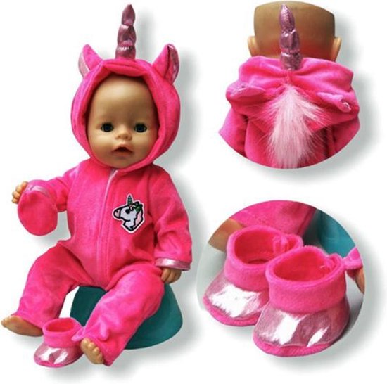 Poppenkleding meisjes - Geschikt voor oa Baby Born - Felroze unicorn met schoentjes - Eenhoorn - Poppenkleertjes
