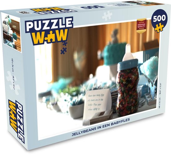 Puzzel 500 stukjes Babyshower jongen - Jellybeans in een babyfles  - PuzzleWow heeft +100000 puzzels