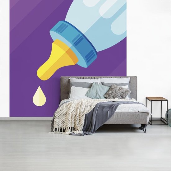 Behang - Fotobehang - een babyfles met een druppel melk - Breedte 260 cm x hoogte 260 cm
