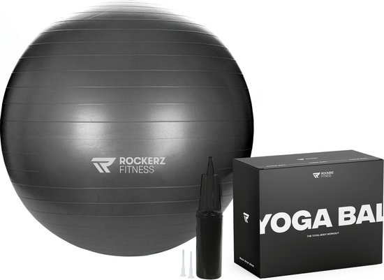 Rockerz Fitness® - Fitness bal - Yoga bal - Pilates bal - Gymbal - Zitbal - Zwangerschapsbal - 65 cm - Kleur: Zwart - Beste Fitnessbal 2020