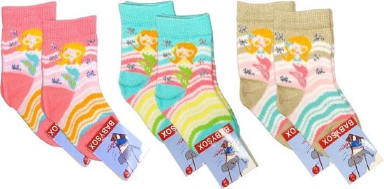 6 paar Meisjes Babysokken - Blauw-Beige-Roze - Zeemeermin - Maat 56-68