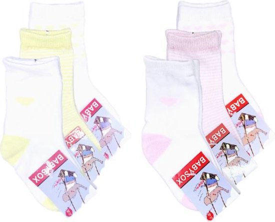 6 paar Meisjes Babysokken - Wit-Geel-Roze - Hartjes - Maat 56-68