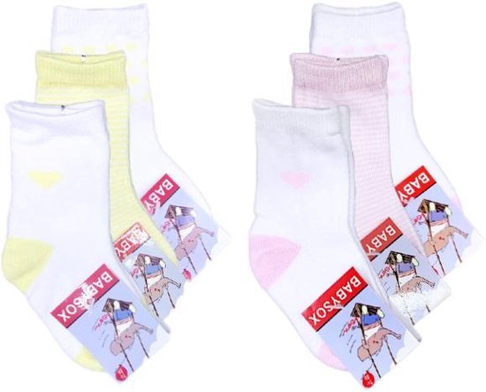 6 paar Meisjes Babysokken - Wit-Geel-Roze - Hartjes - Maat 92