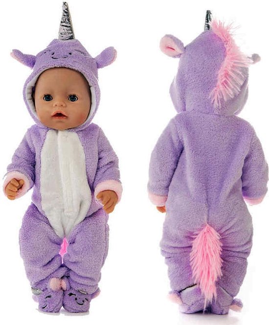 Poppenkleding meisje - Geschikt voor oa Baby Born - Paars - Unicorn - Huispak - Poppenkleertjes 43 cm - Onesie - GRATIS Unicorn armband