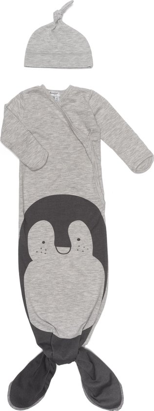 Snoozebaby new born cocoon van 100% organic katoen - incl mutsje - 0-3 maanden - TOG 1.0 - Grijs melange pinquin print