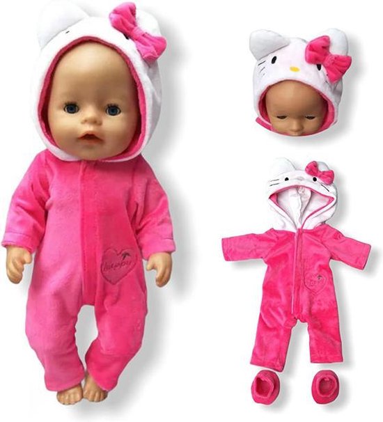 Poppenkleding meisje - Kleertjes geschikt voor o.a. BABY born - Felroze - Kitten - Huispak - Poppenkleertjes 43 cm - Onesie