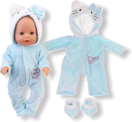 Poppenkleding meisje - Geschikt voor oa Baby Born - Blauw - Kitten - Huispak - Poppenkleertjes 43 cm - Onesie - GRATIS verzending
