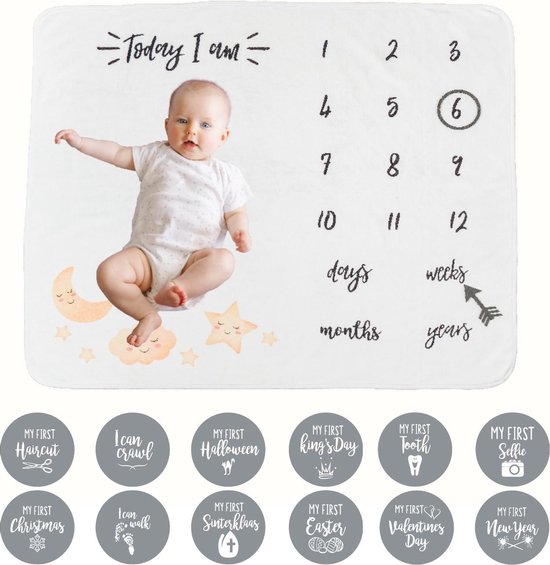 Allerion Baby Mijlpaal Deken - Fleece - 100cm x 120cm - Kraamcadeau - Inclusief 2 indicatoren en 12 romper-stickers - Milestone Blanket