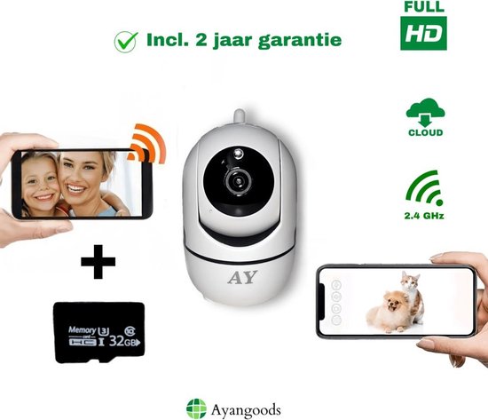 Ayangoods - Huisdiercamera - Hondencamera – Dog Camera - Baby Camera - Gratis SD kaart 32GB!  – Pet Camera – Babyfoon Met Camera - Wifi - Werkt met app - Full HD - Two-way Audio - Nachtzicht - Beweeg en Geluidsdetectie - IP Camera - Petcam - Wit