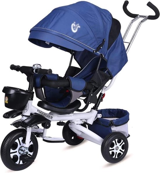 4 In 1 Kinderen Fiets Inklapbare kinderwagen -Kinderdriewieler met duwhandvat en draaibare stoel voor 1-6 jaar oude peuter, vouwen op rit, opbergbak - Kids Toy Car multifunctionele Reclining Children's Tricycle (Blauw)